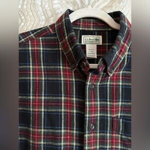 LL BEAN mens L - TALL flannel shirt SCOTCH PLAID 100% cotton 228066 black Red